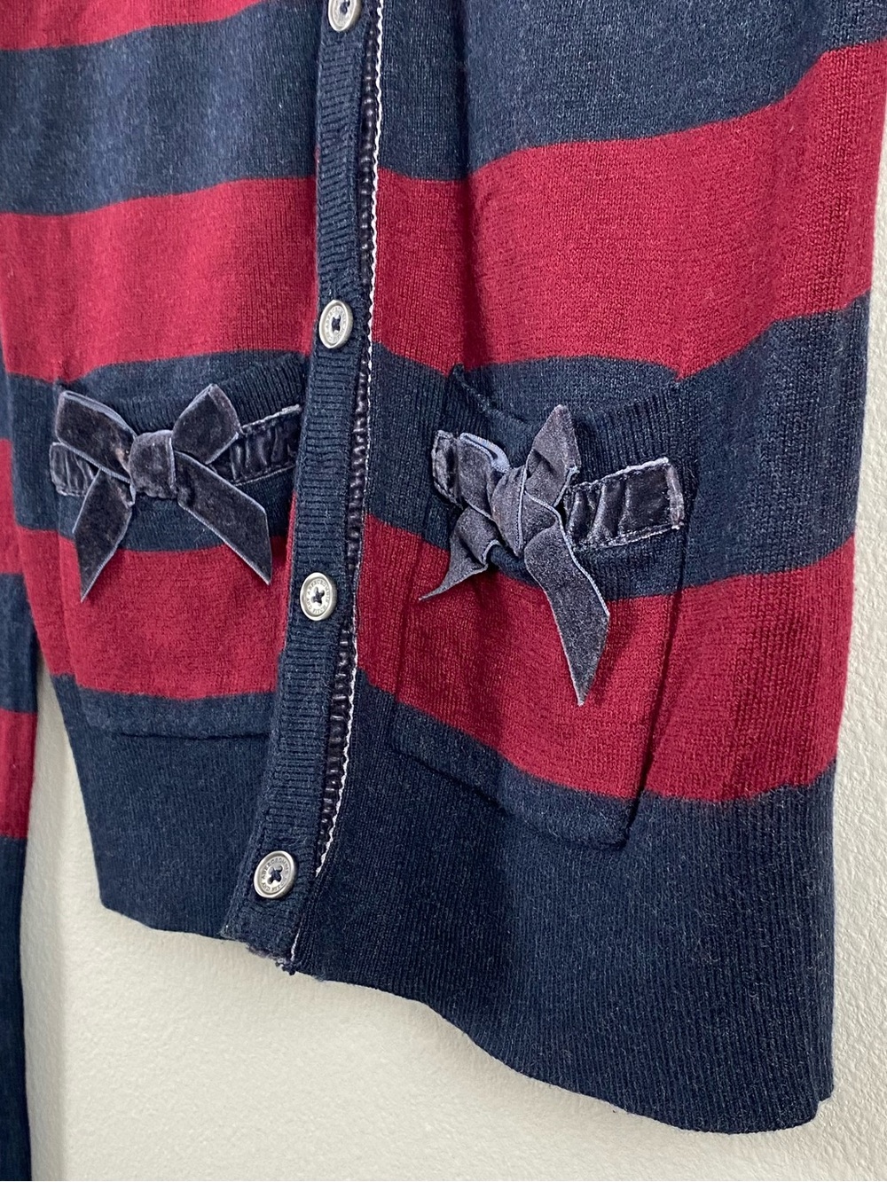 Abercrombie & Fitch Y2K Striped Bow Detail Long Sleeve Cardigan | Burgundy/Navy - Picture 12 of 16